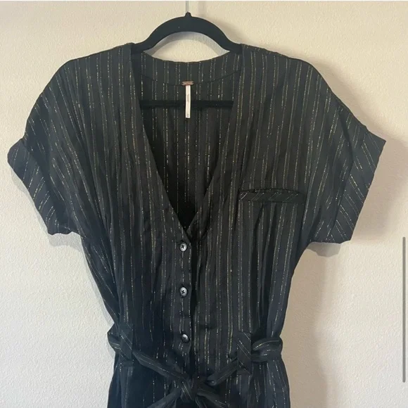 Free People Black Lurex Gold Pinstripe Jumpsuit - Picture 7 of 15